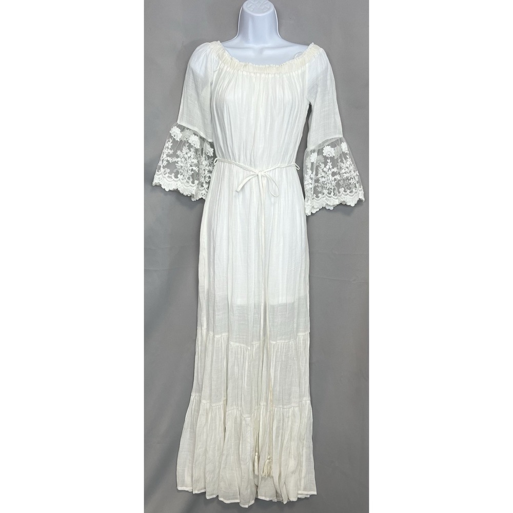 Impressions Maxi Dress White Sz Small Of Shoulders Bell Sleeve Lace New